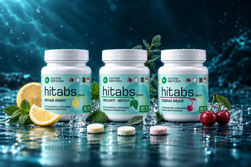 Три банки пастилок HITABS разных вкусов на тёмной морской поверхности с отражениями